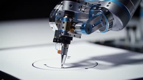 a precision robotic arm skillfully engages in artistic creation, capturing intricate patterns on paper with a specialized drawing pen in a studio environment