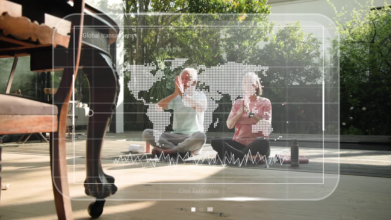 Senior couple flowing raised arms into prayer on sunlit deck, HUD appearing and guiding health data