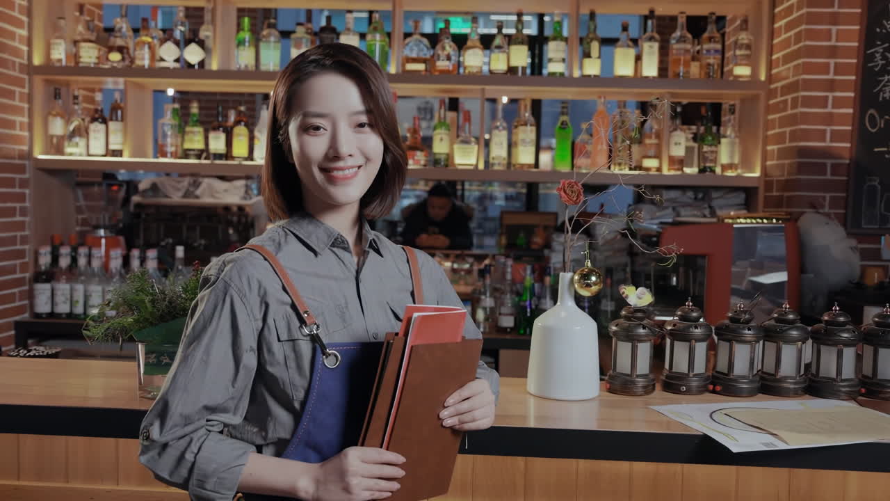 Portrait of beautiful smiling restaurant waitress is carrying note paper. Smiling woman waiter take order talk to clients cafe restaurant. Serving staff good customer service.