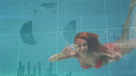 Animación-De-Estadísticas-Y-Procesamiento-De-Datos-Sobre-Mujeres-Caucásicas-Nadando-Bajo-El-Agua-En-La-Piscina