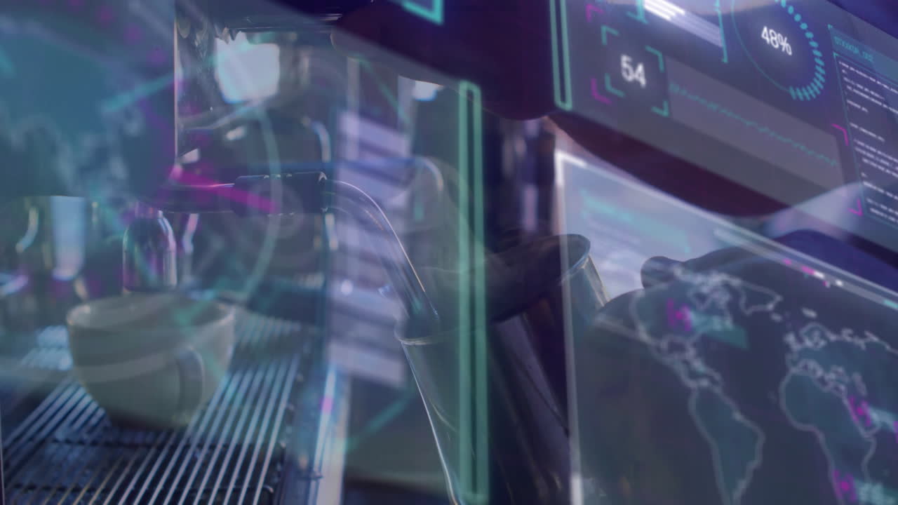 Espresso machine frothing milk in coffee tech station, displaying holographic charts and world map