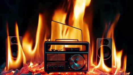 retro radio and speakers on fire