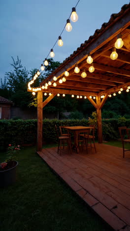outdoor patio with string lights at night
