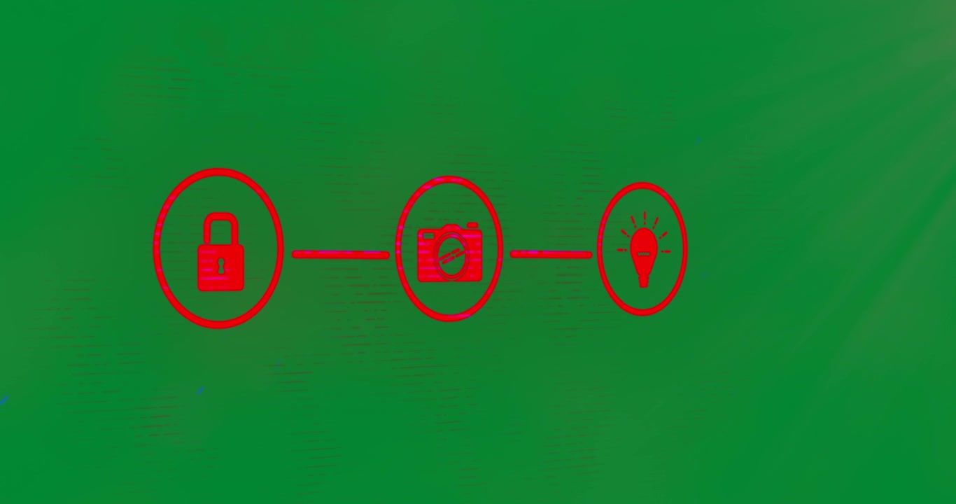 Digital icons and spot of light moving against red background