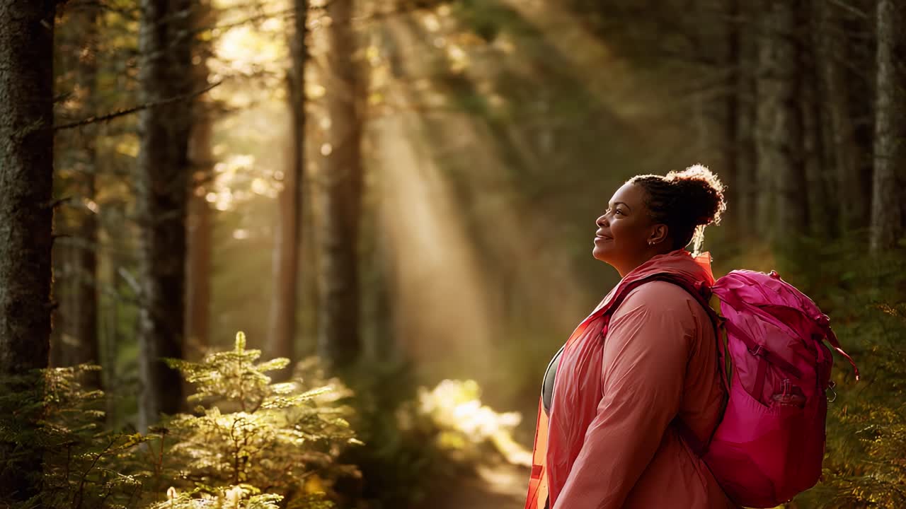 A Joyful Hiker Immersed in Nature's Splendor: Embracing the Serenity of a Sunlit Forest Trail with a Pink Backpack, Capturing Moments of Peace and Reflection