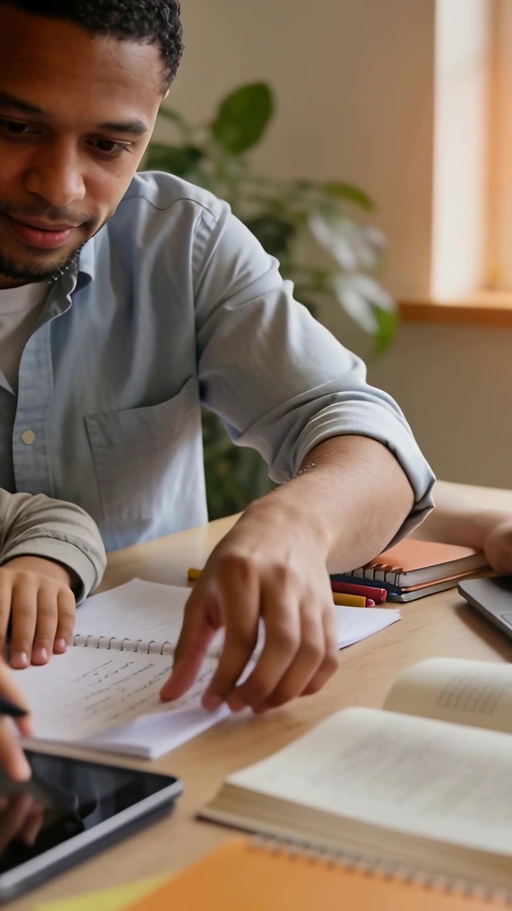 Vertical video: Kid writing, dad guiding hand, turning spiral pages at desk by window for homework