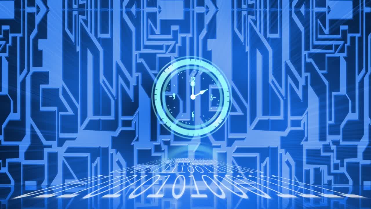 Animation of moving clock and data processing over blue shapes on black background