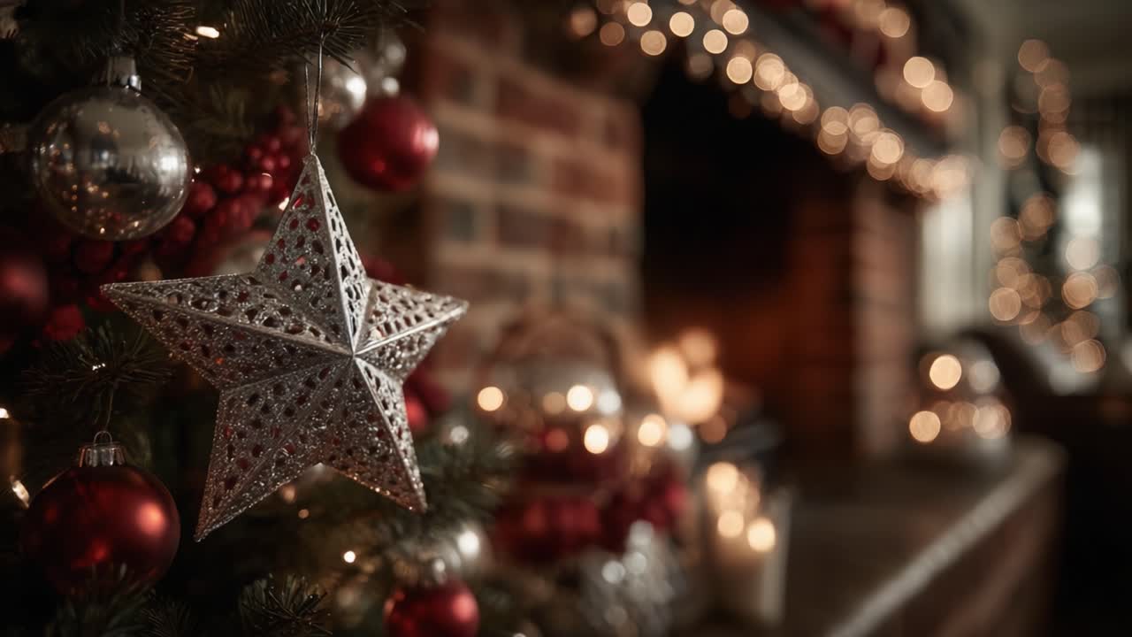 Una scena natalizia accogliente con un albero di Natale splendidamente decorato con un ornamento a forma di stella argentata e luci scintillanti accanto a un caldo caminetto