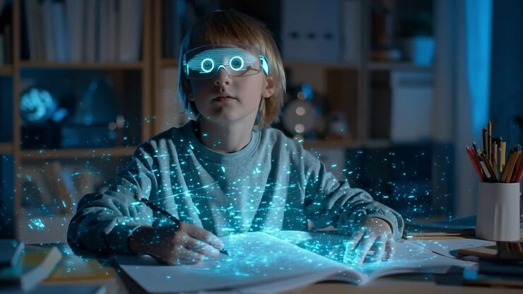 Barn bruger futuristiske briller under studier om natten