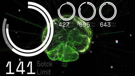 neon-green 3d brain floating over dark grid, ui rings rotating, progress dials showing values