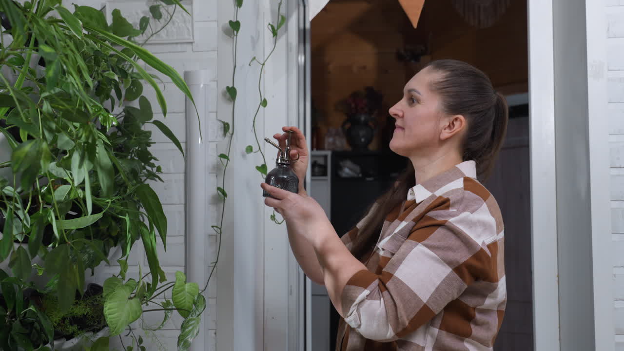 Side angled view of plant enthusiast giving faint squeeze to transparent glass spray bottle before misting vibrant green leaves in cozy indoor vertical garden under soft natural light