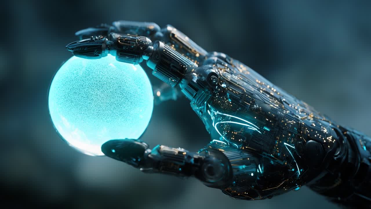 A Futuristic Robotic Hand Holding a Glowing Sphere: An Intricate Display of Technology and Innovation Captured in Stunning Detail, Exploring the Intersection of Robotics and Aesthetic Design