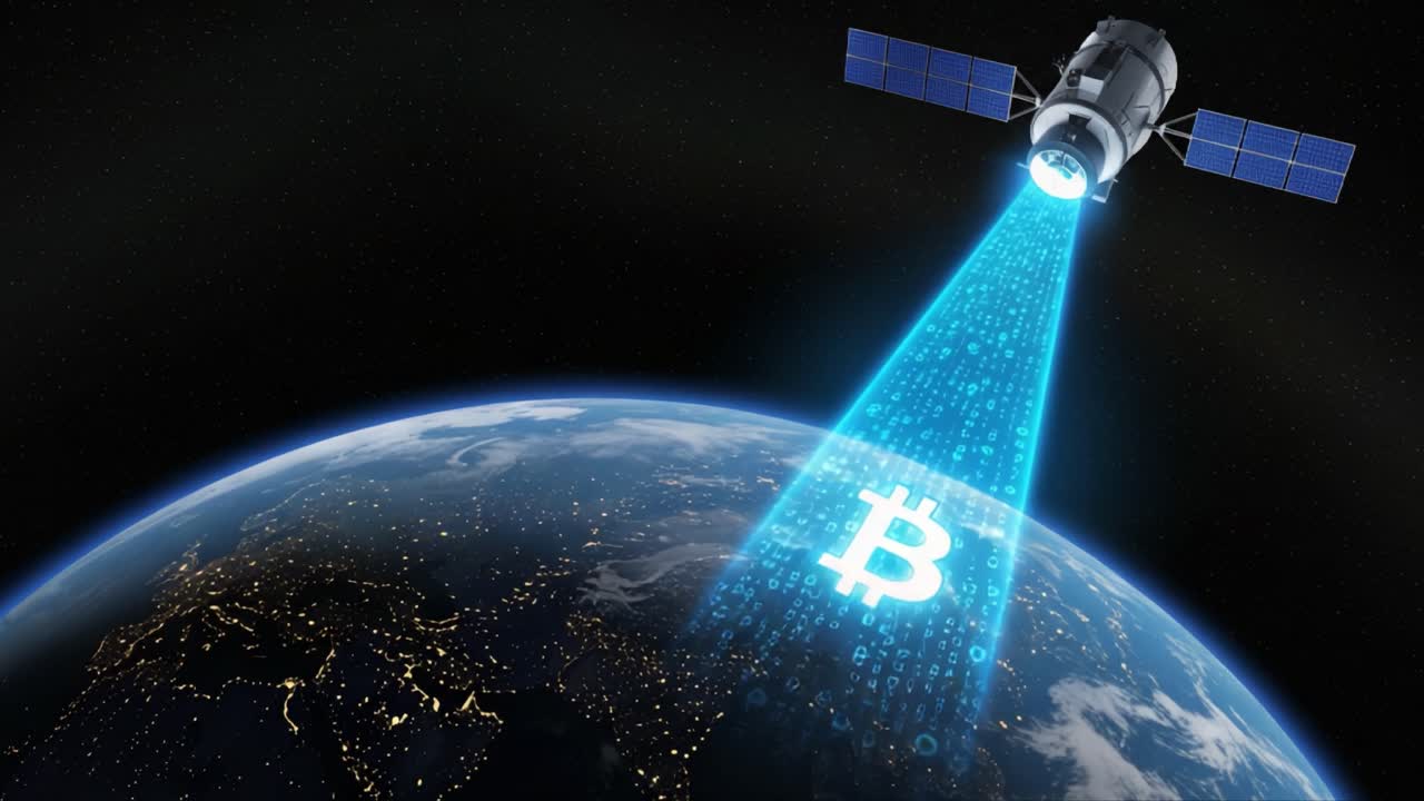 A Satellite Projects Blockchain Data onto Earth, Emitting Bright Glows of Cryptocurrency Symbols in a Stunning Display of Digital Communication and Connectivity