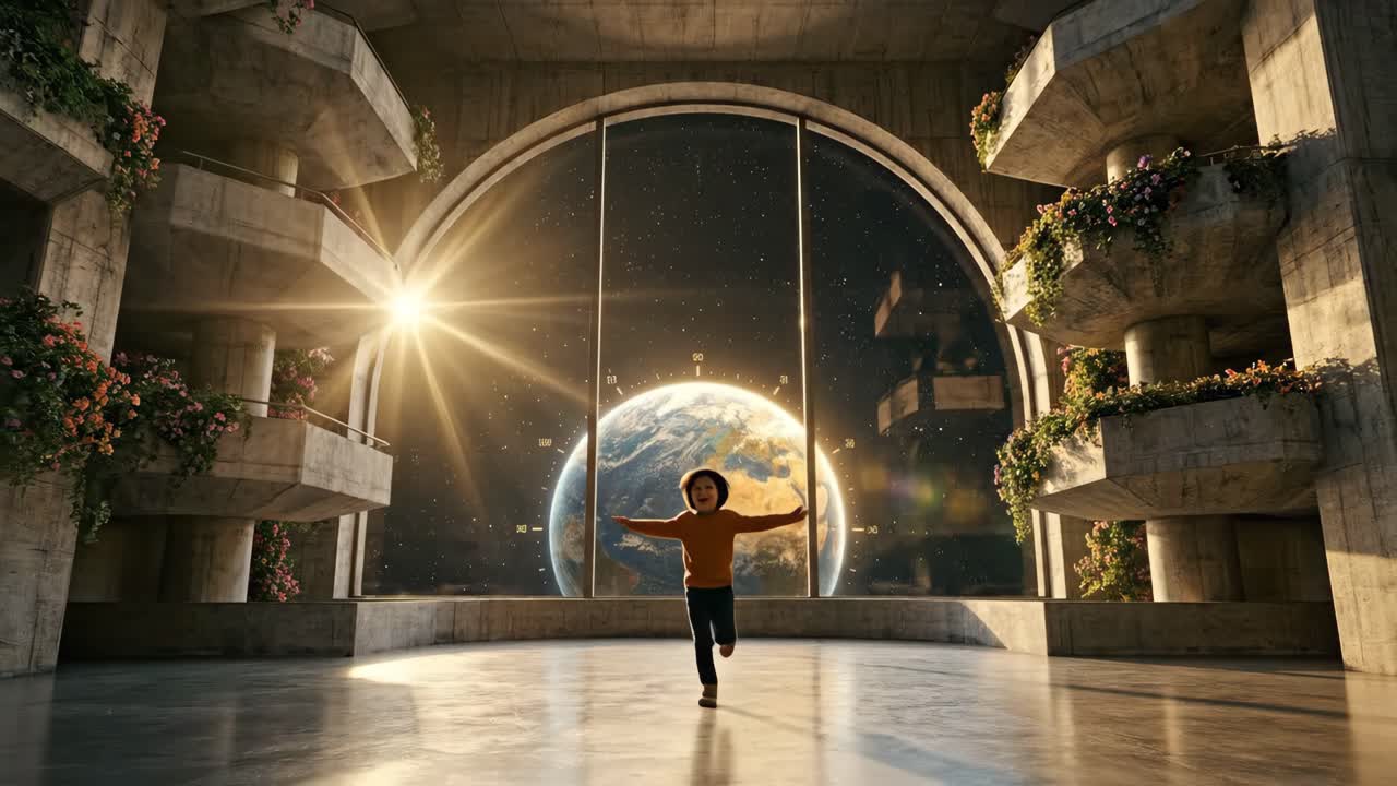 Bambino che corre in un edificio futuristico con vista sulla Terra