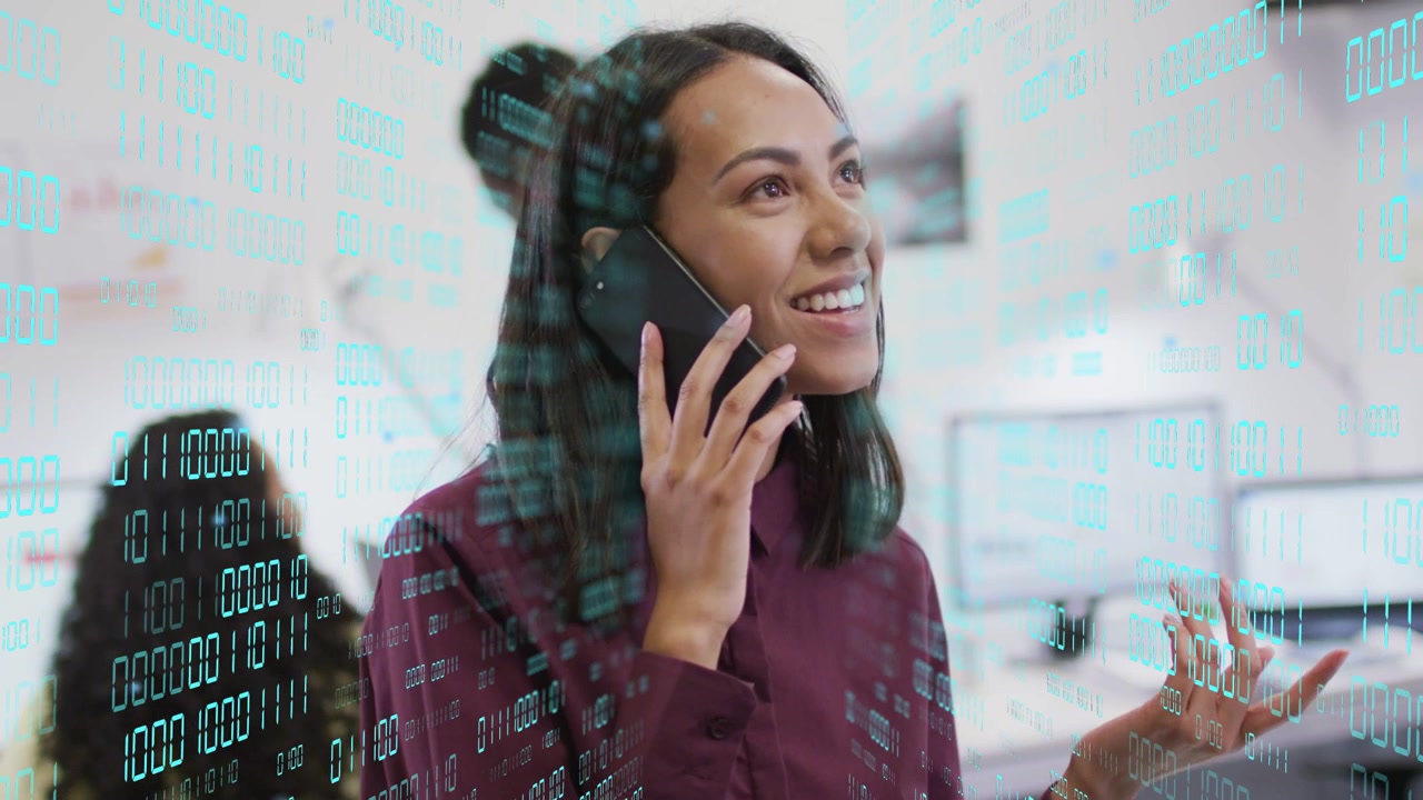 Office woman taking call on phone, gesturing, closing business call as teal binary digits surround