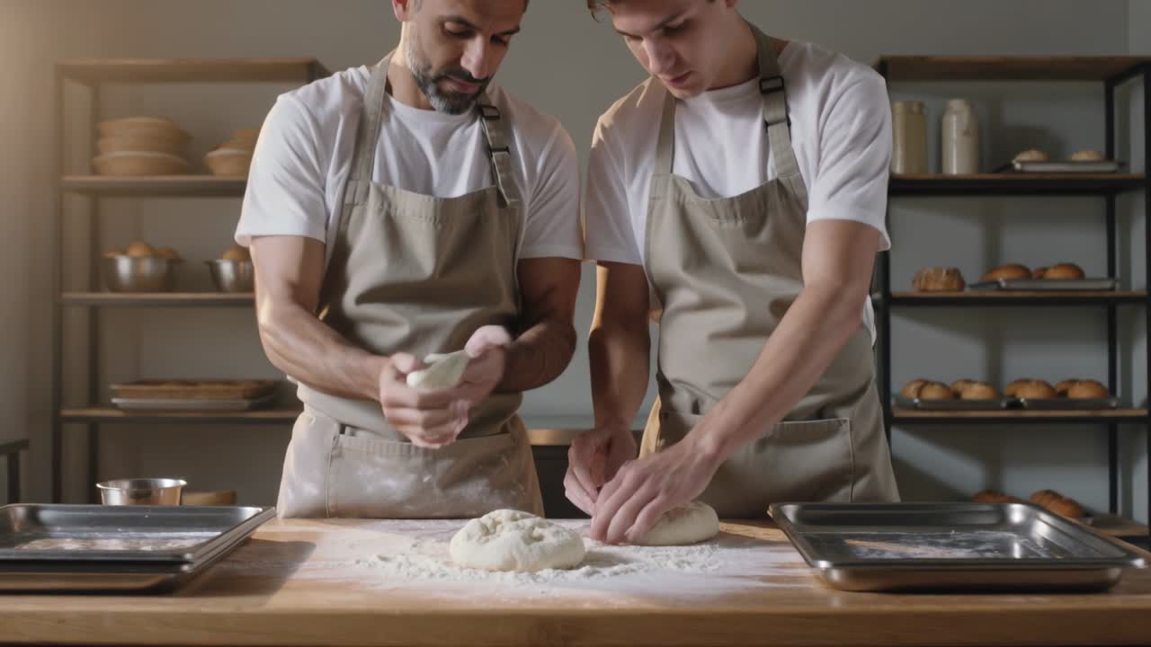 Наставник по формовке берет тесто, направляя стажера, формующего тесто за деревянным столом с подносами, оба в фартуках.