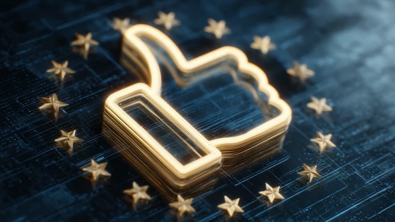A Digital Representation of Approval: A Glowing Thumbs-Up Icon Surrounded by Stars Over a Tech-Inspired Background