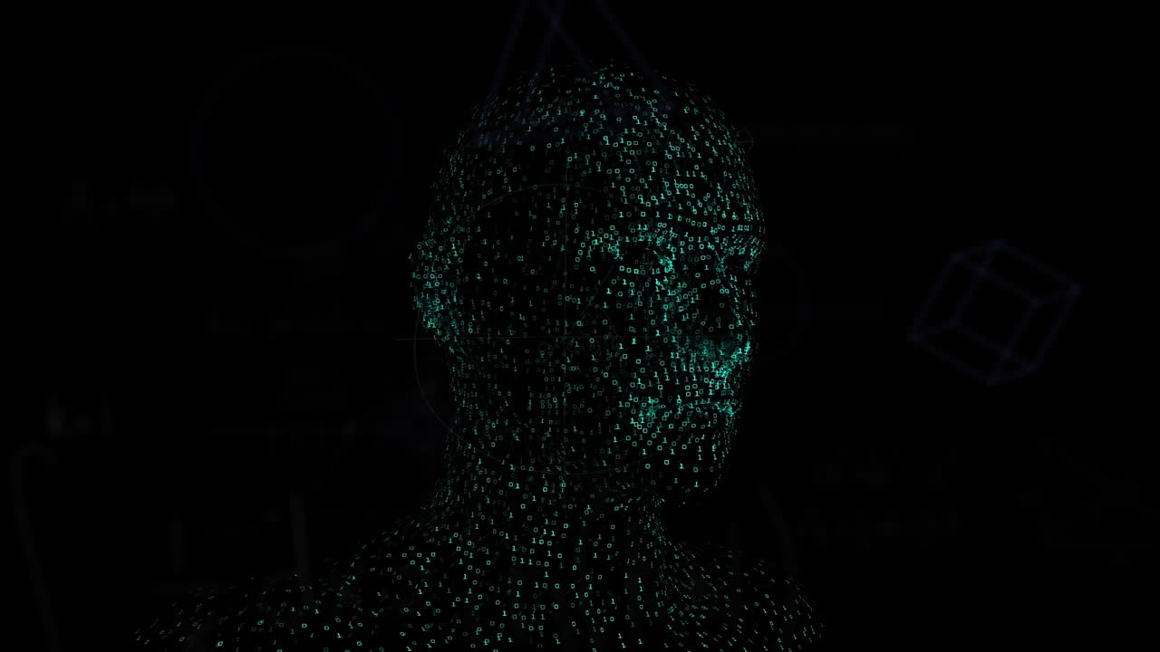 Animation of human head and confetti over black background