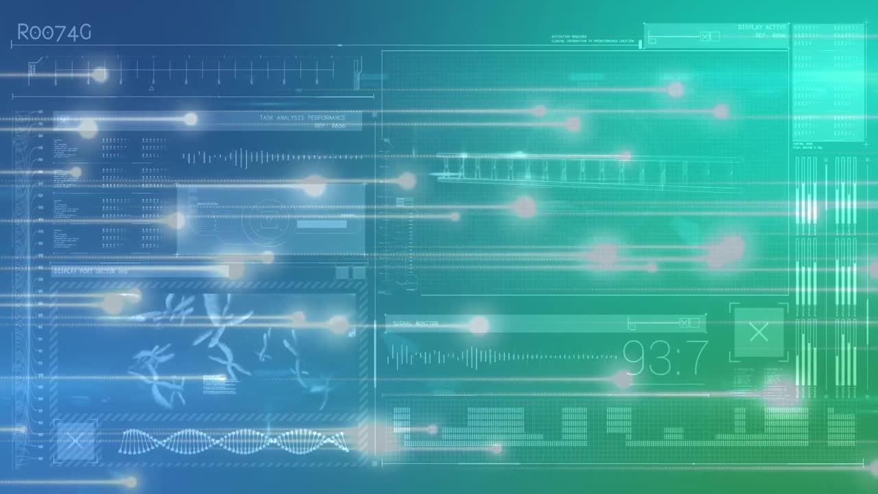 다양한 데이터와 함께 파란색과 초록색 디지털 화면에서 움직이는 불빛의 애니메이션
