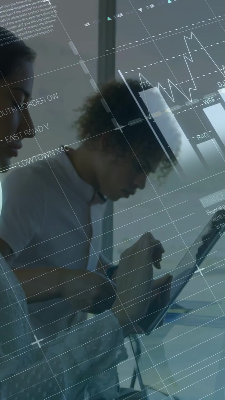Vertical video: Right man tapping tablet causing charts and percent as peer observing for business
