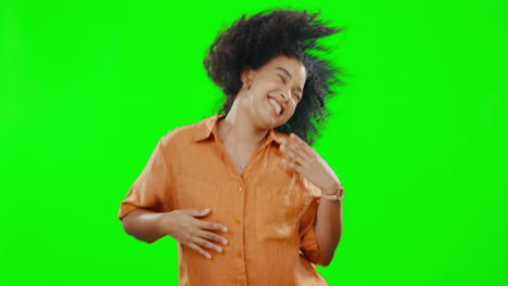 Happy,-dance-and-woman-in-a-studio-with-green