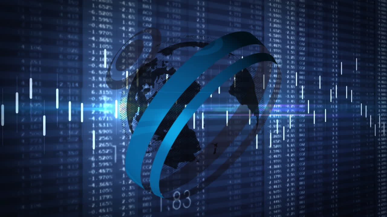 Globe and data streams animation over financial stock market numbers