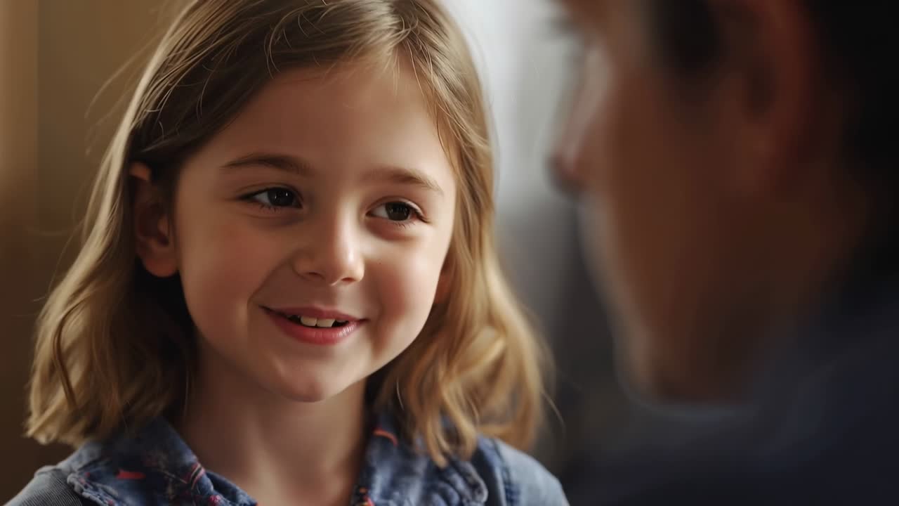 Una bambina che ascolta e sorride mentre il papà, in camicia scura e jeans, si china e le parla dolcemente a casa.