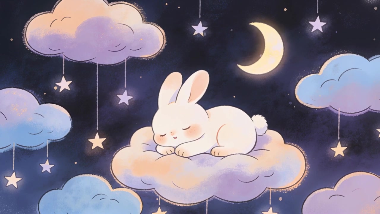 Sleeping white rabbit on pastel cloud, breeze causing clouds bobbing and moon glowing creating calm