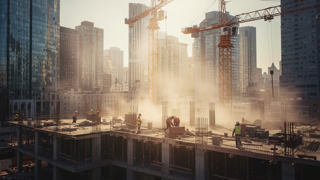 Dynamic Urban Construction Site at Dusk: Workers Managing Concrete Framework Amidst Tower Cranes and Modern Architecture in Bustling Cityscape