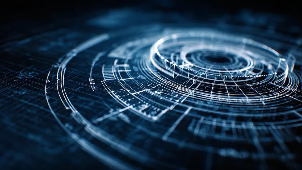 Exploring the Intricacies of Futuristic Digital Design: A Captivating Visualization of Abstract Circular Patterns and Technological Elements in a Dark Background