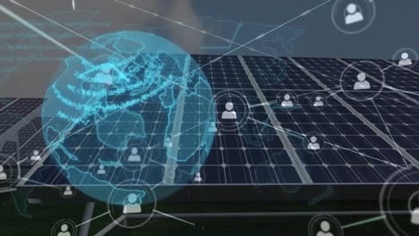 Animation of globe with network and people icons over solar panels
