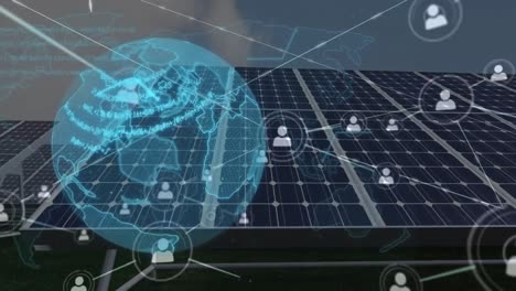 animation of globe with network and people icons over solar panels