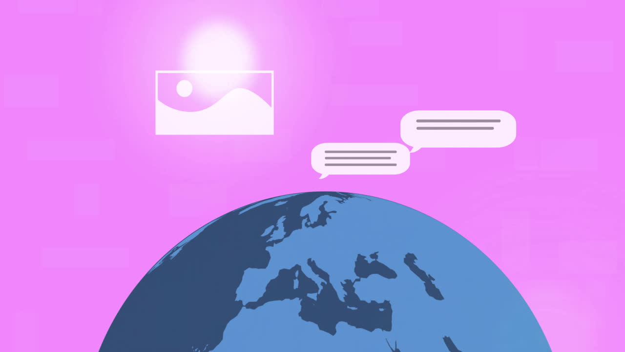 Animation of digital pictures and message boxes over globe against pink background