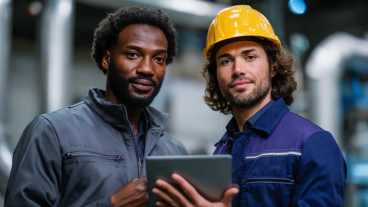 Two Professionals in Safety Gear Collaborating in an Industrial Setting, Engaged with a Digital Tablet, Illustrating Teamwork and Technology in Contemporary Work Environments