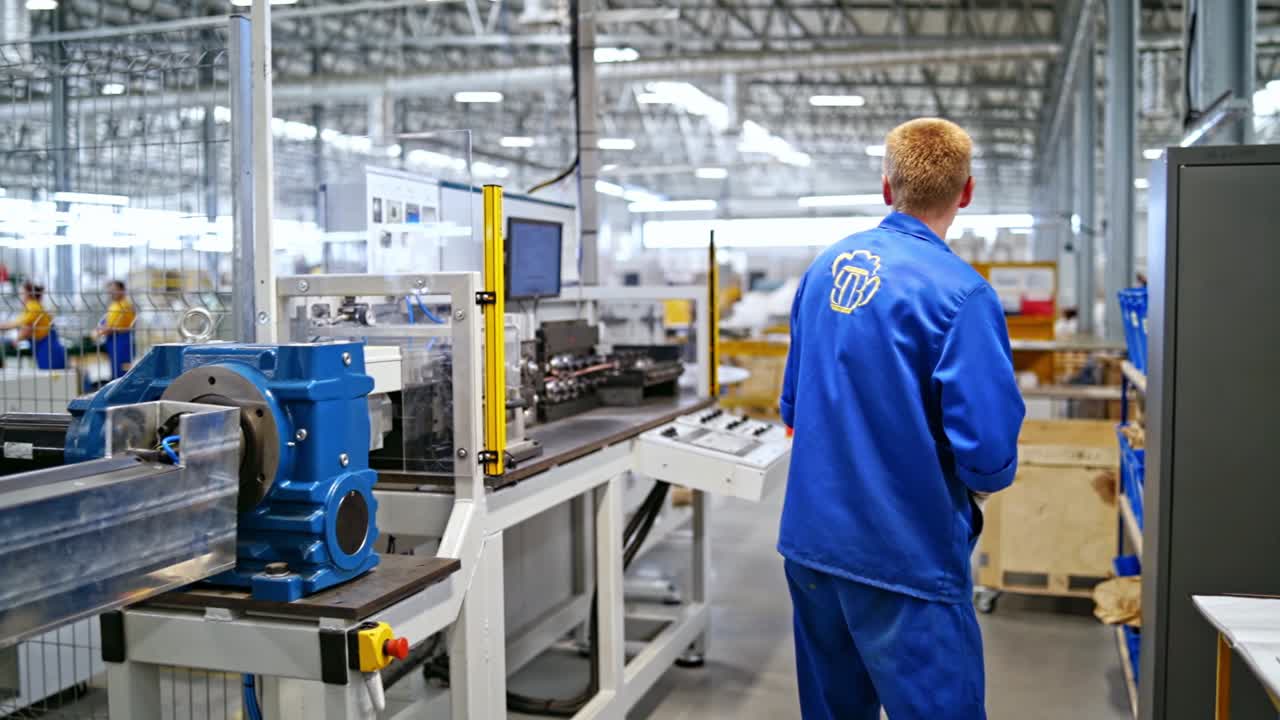 Interior of Industrial working place at factory. Robotic factory line for processing and quality control of goods. Worker at plant in blue uniform. Technology concept.