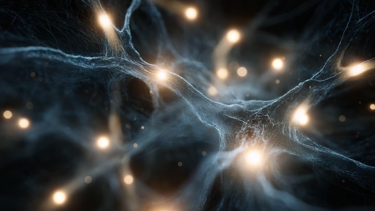 Abstract visualization of a neural network with neurons firing and transmitting electrical impulses, showcasing the intricate web of connections and communication within the central nervous system