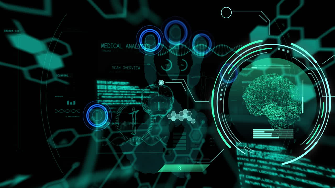 animación del procesamiento de datos y el cerebro con huella de mano en fondo negro.