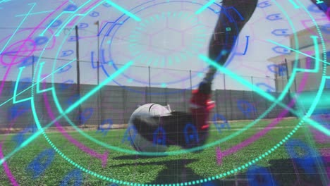 Animation-Des-Zielfernrohrscans-über-Einem-Fußballspieler-Mit-Einer-Beinprothese,-Der-Den-Ball-Kickt