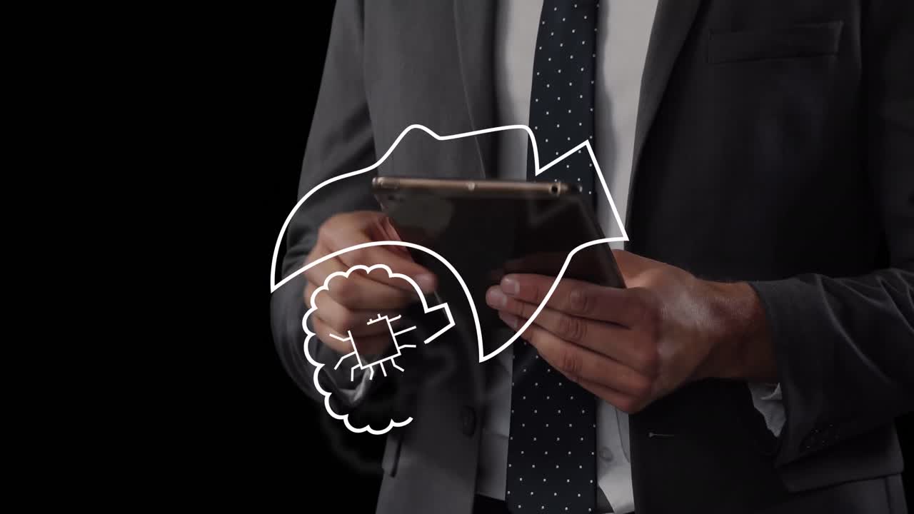 animación de un procesamiento de datos e icono sobre un hombre de negocios biracial que usa una tableta