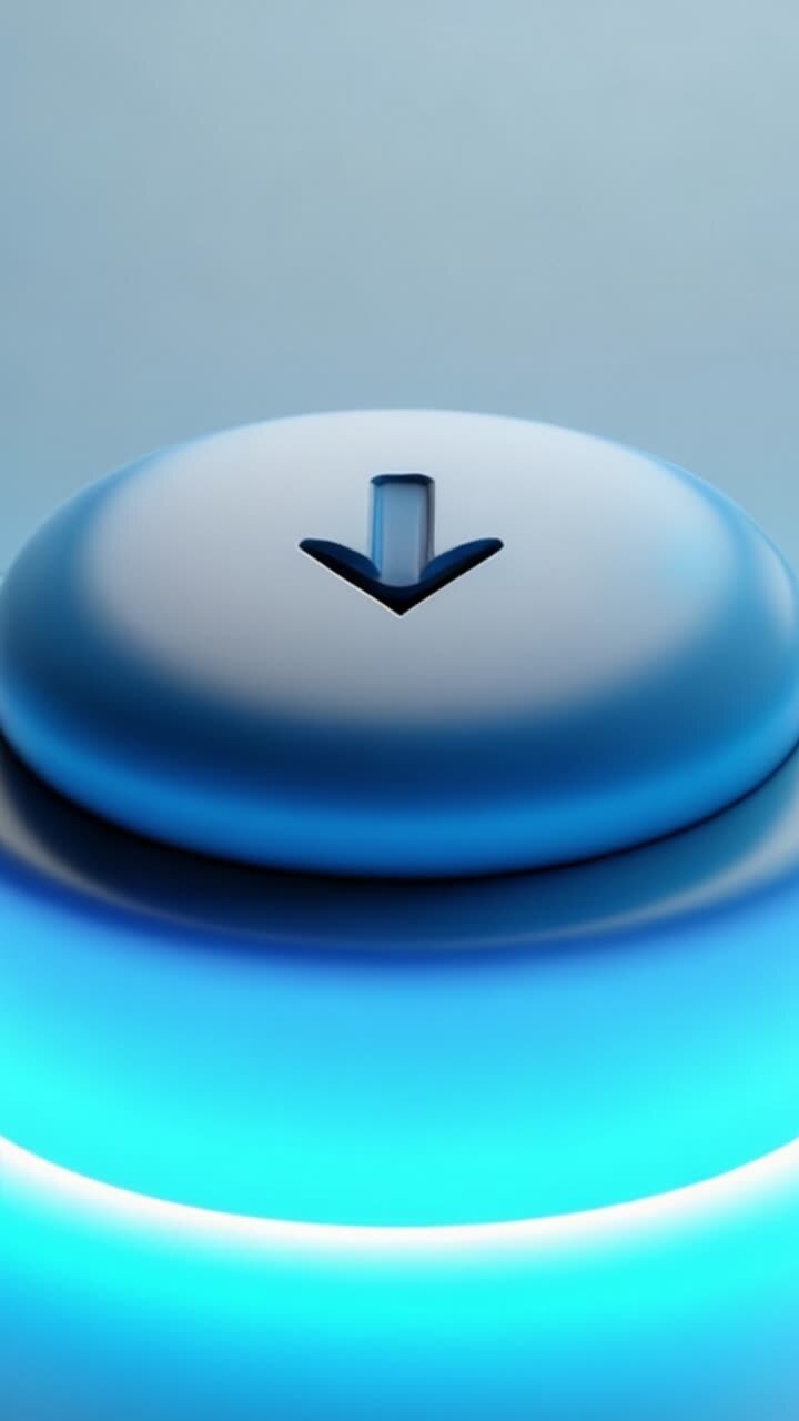 Primo piano di un pulsante futuristico con illuminazione blu, caratterizzato da un design a freccia, che simboleggia download o azione in un ambiente tecnologico moderno.
