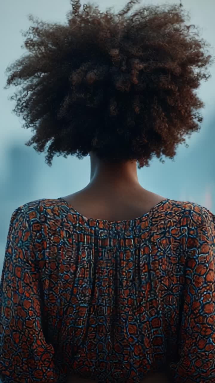 Una donna con capelli texturizzati e abiti vivaci guarda un lontano paesaggio urbano, catturando momenti di riflessione ed emozione attraverso immagini dinamiche