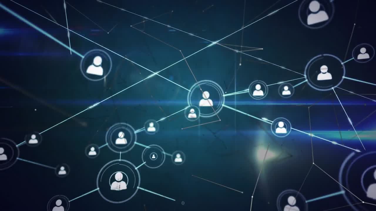 animación de la red de conexiones con iconos sobre rastros de luz sobre fondo negro