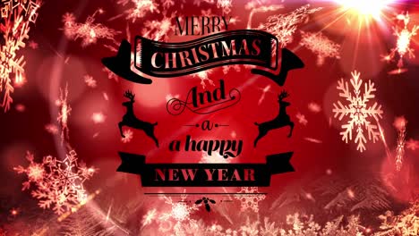 Textbanner-„Frohe-Weihnachten-Und-Ein-Glückliches-Neues-Jahr“-Vor-Schneeflocken-Und-Roten-Lichtflecken