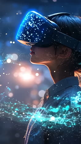 a woman wearing a virtual reality headset is looking up at the stars. concept of wonder and curiosity about the universe