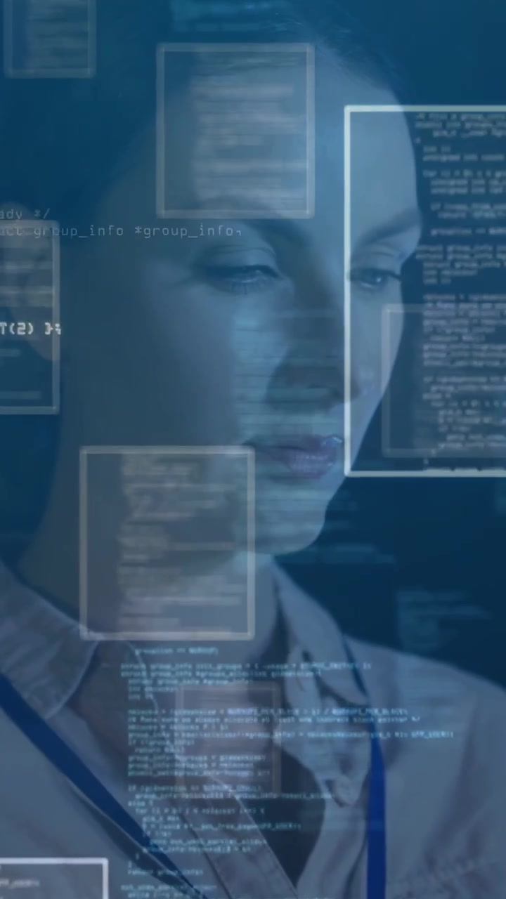 Vertical video: Projected panels firing, woman touching ID, scanning code for tech monitoring