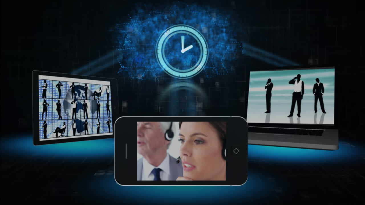 다양한 사업가들과 함께 시계를 움직이는 기술의 애니메이션