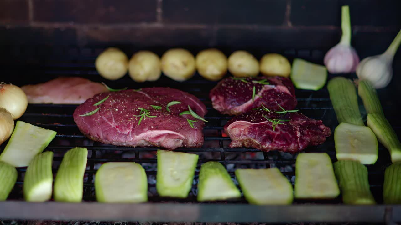 Beef stake with rosemary seasoning and vegetables cooking on the grill
