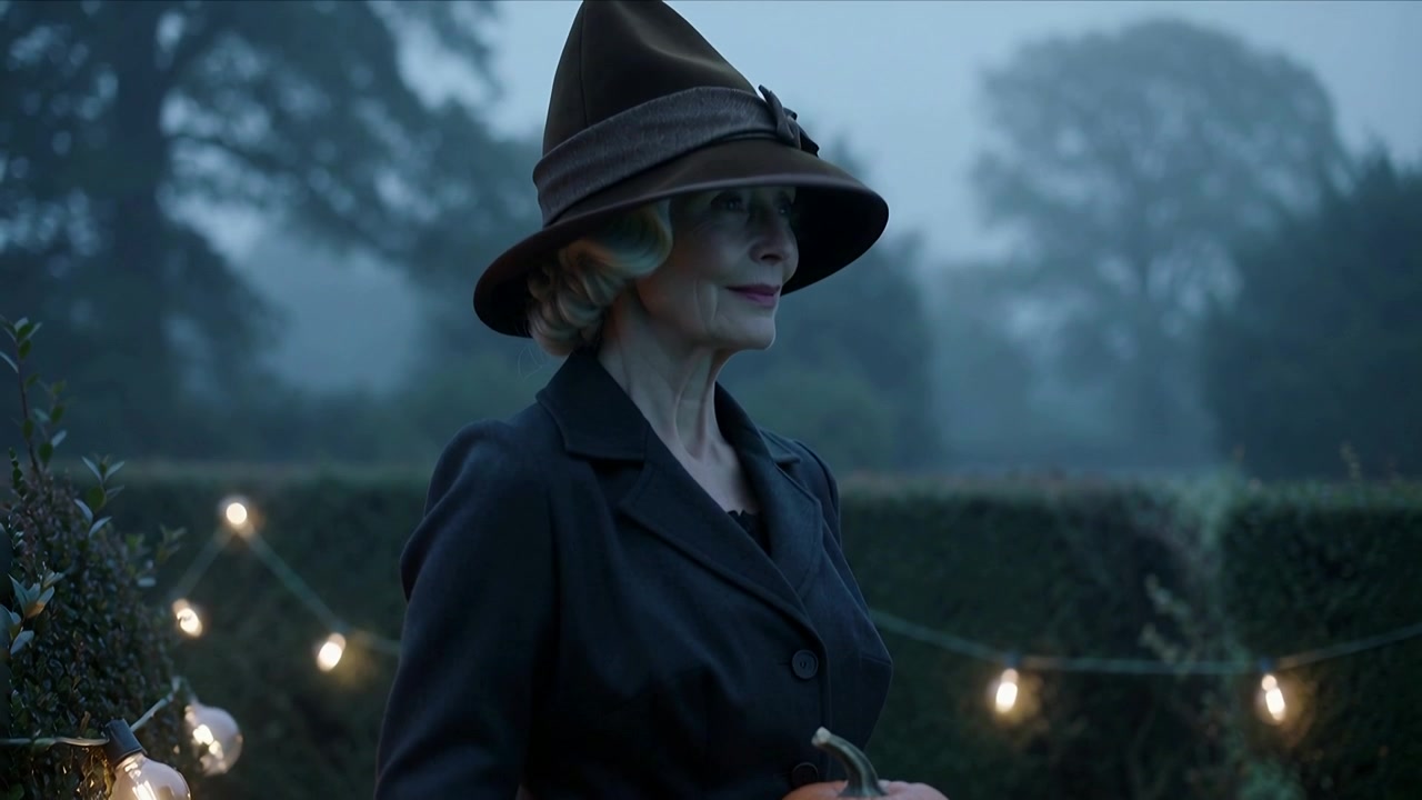 Camera pulling back revealing woman cradling orange pumpkin on foggy yard dark coat wide hat