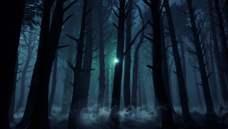 mysterious glowing light in a dark misty forest