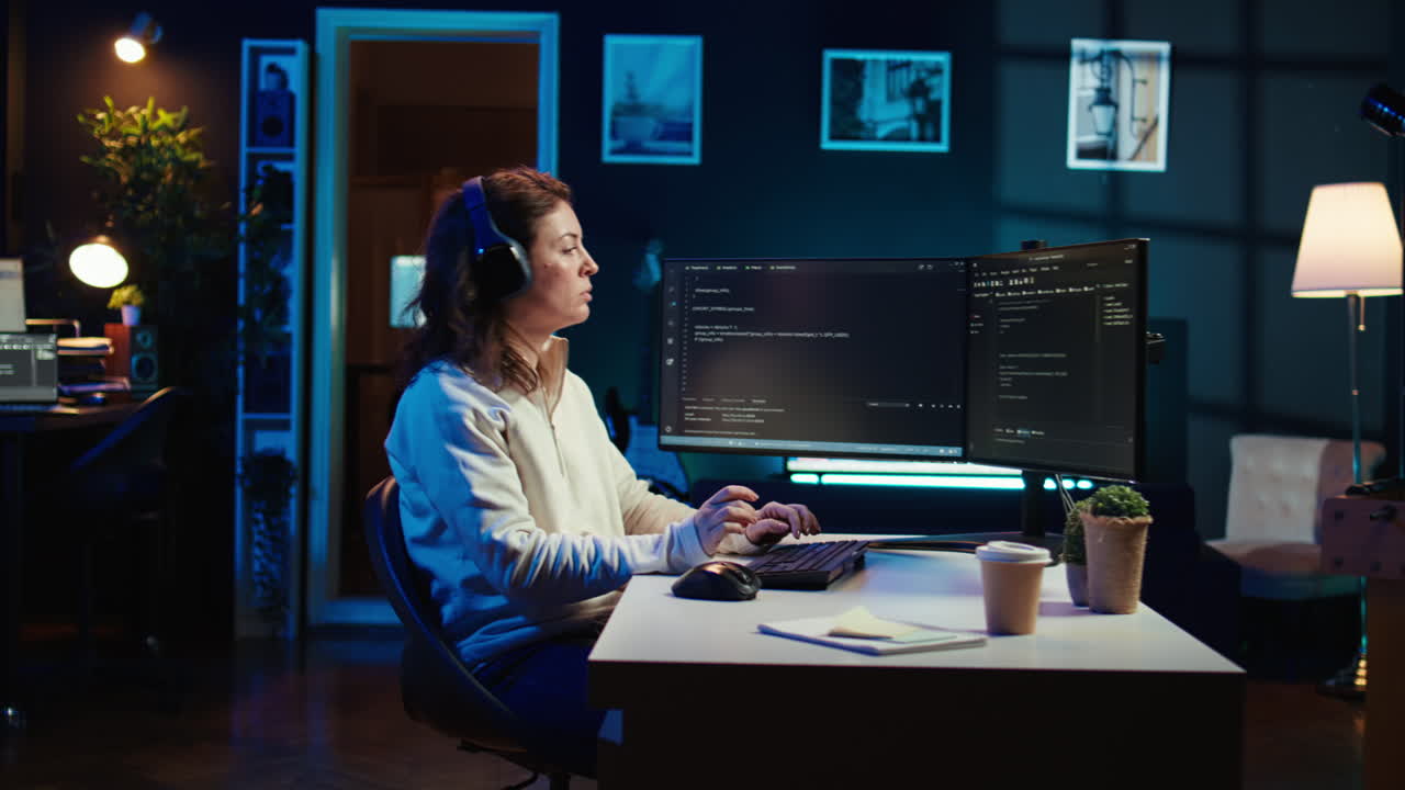 Cybersecurity expert wearing headphones and using PC to patch security exposures